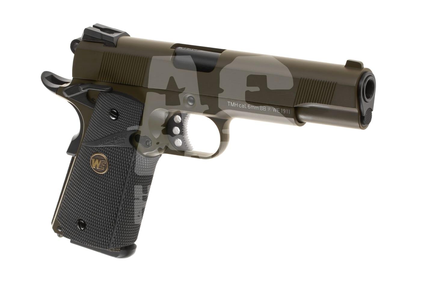 Airsoft-Pistole, Modell 1911, olivgrün, mit originalgetreuem Design und 6mm BB-Kaliber.