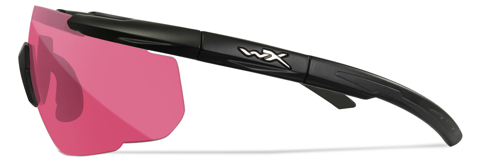 Schwarze Sportsonnenbrille mit pinken Gläsern und einem "wx" Logo am Bügel.