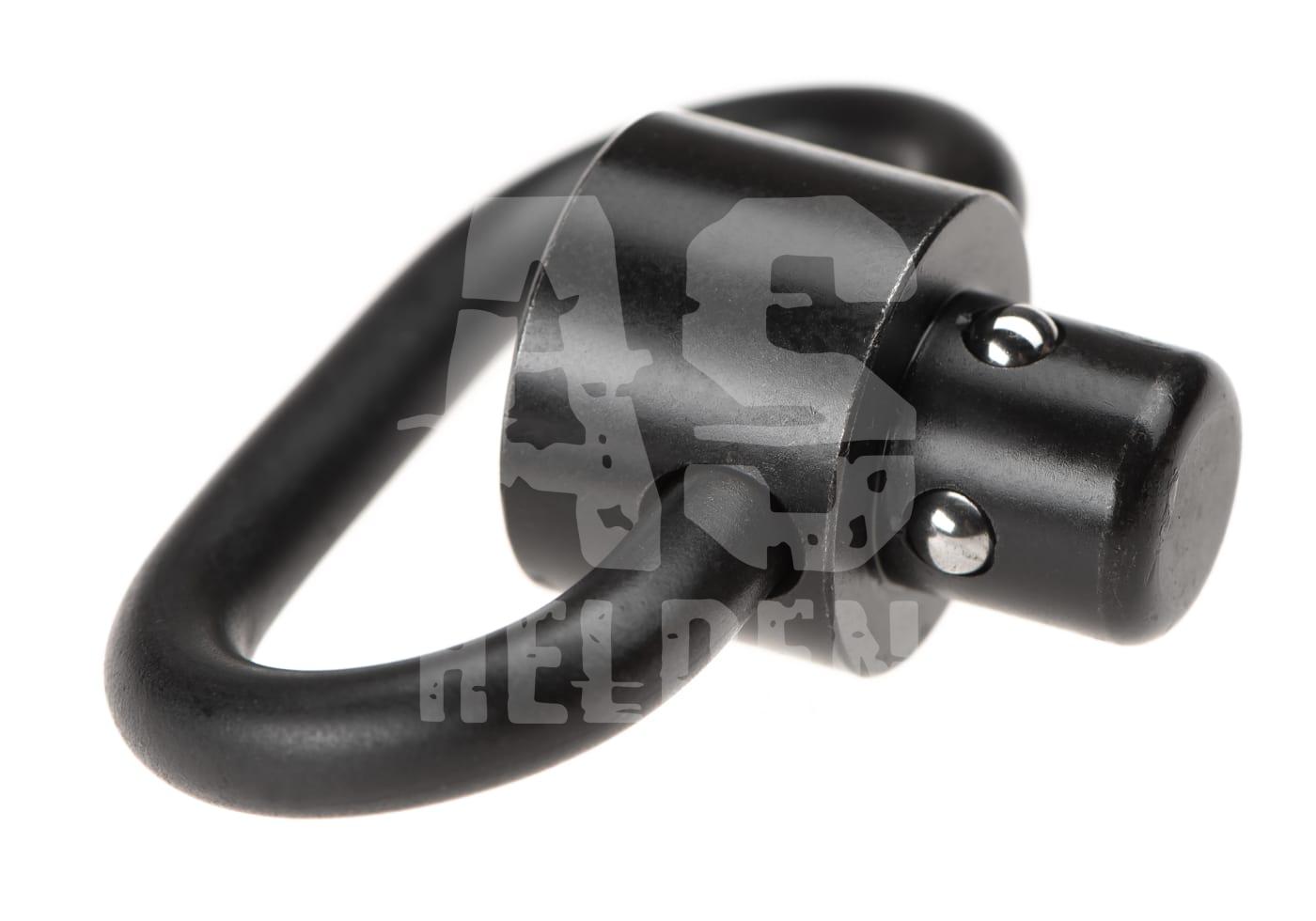 Schwarzer Airsoft-Sling-Swivel mit Schnellverschluss, D-Ring-Form.