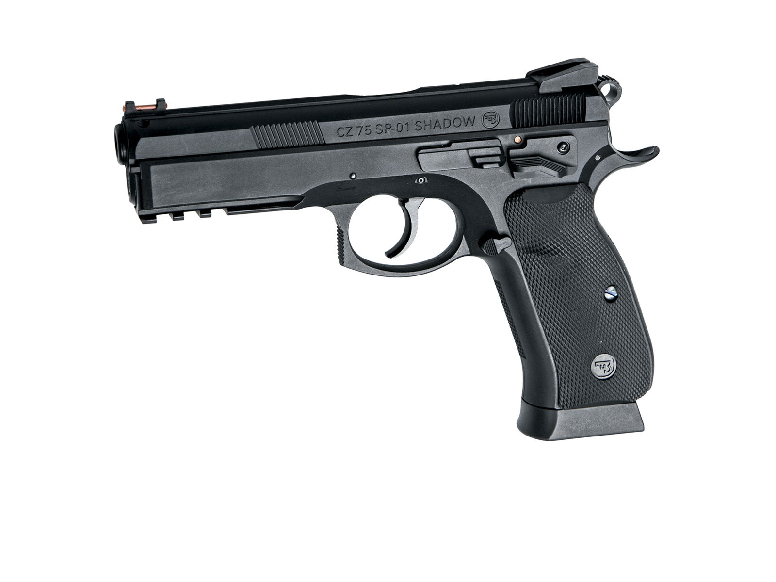 CZ 75 SP-01 Shadow Airsoft-Pistole, schwarz, mit strukturiertem Griff, Sportausführung.