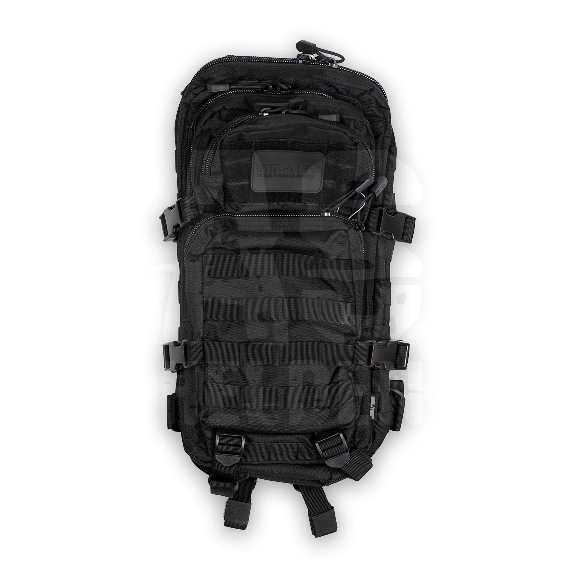 Schwarzer taktischer Rucksack mit Molle-System und mehreren Reißverschlussfächern für Airsoft-Ausrüstung.
