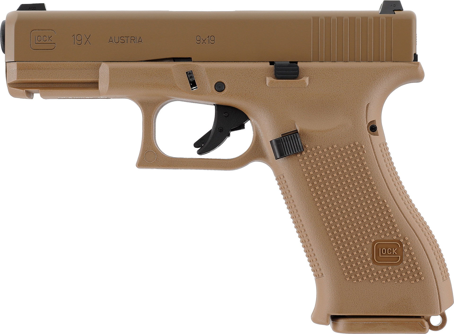 Tanfarbene Airsoft-Pistole Glock 19X, linke Seitenansicht, detailreich.