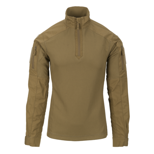 Taktisches, langärmeliges, braunes Combat Shirt mit Reißverschlusskragen und Taschen auf den Ärmeln.