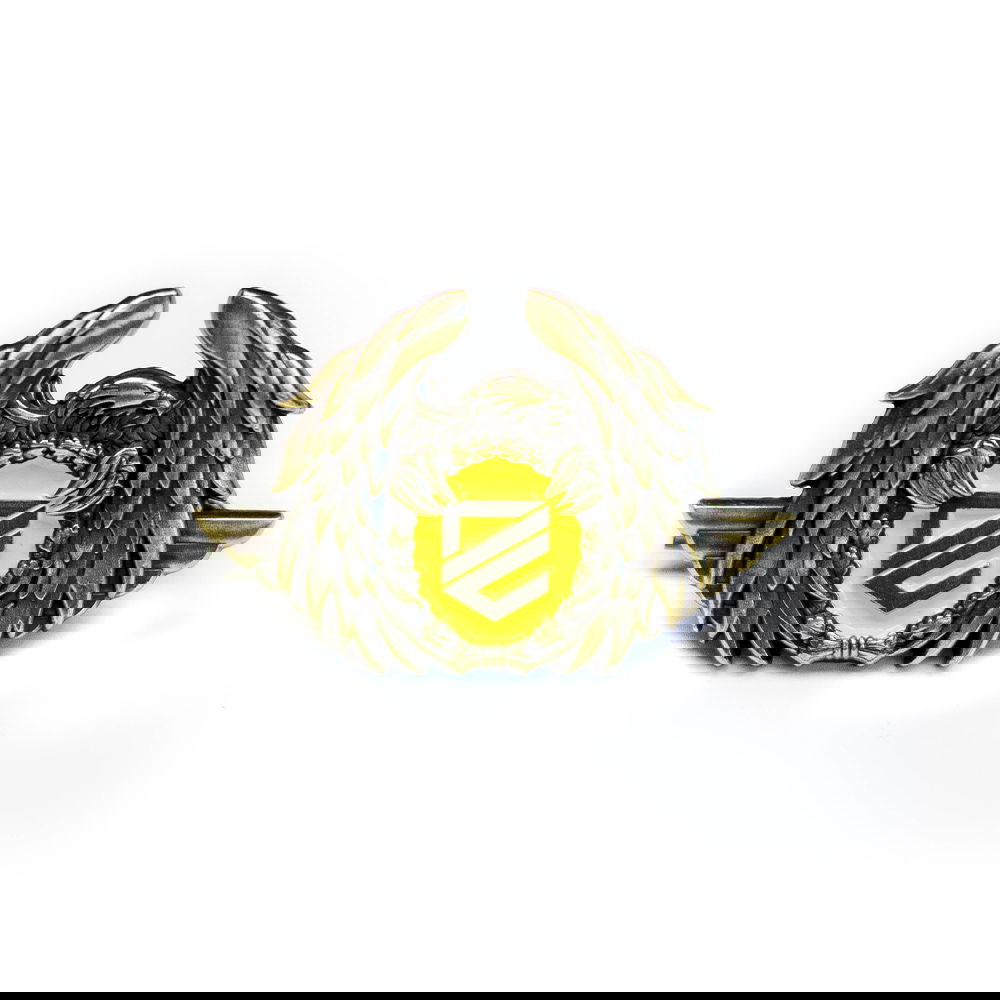 Bronzefarbenes Abzeichen mit Flügeln, gelbem Emblem in der Mitte.