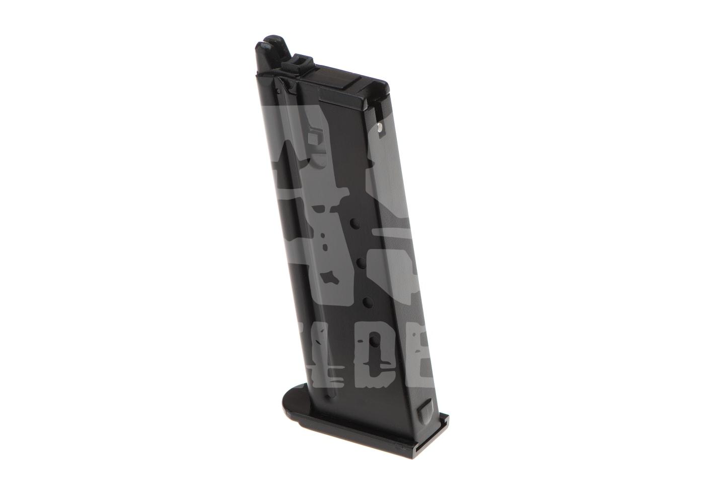 Schwarzes Airsoft-Magazin für Pistolen, stehend in leichter Schräge.