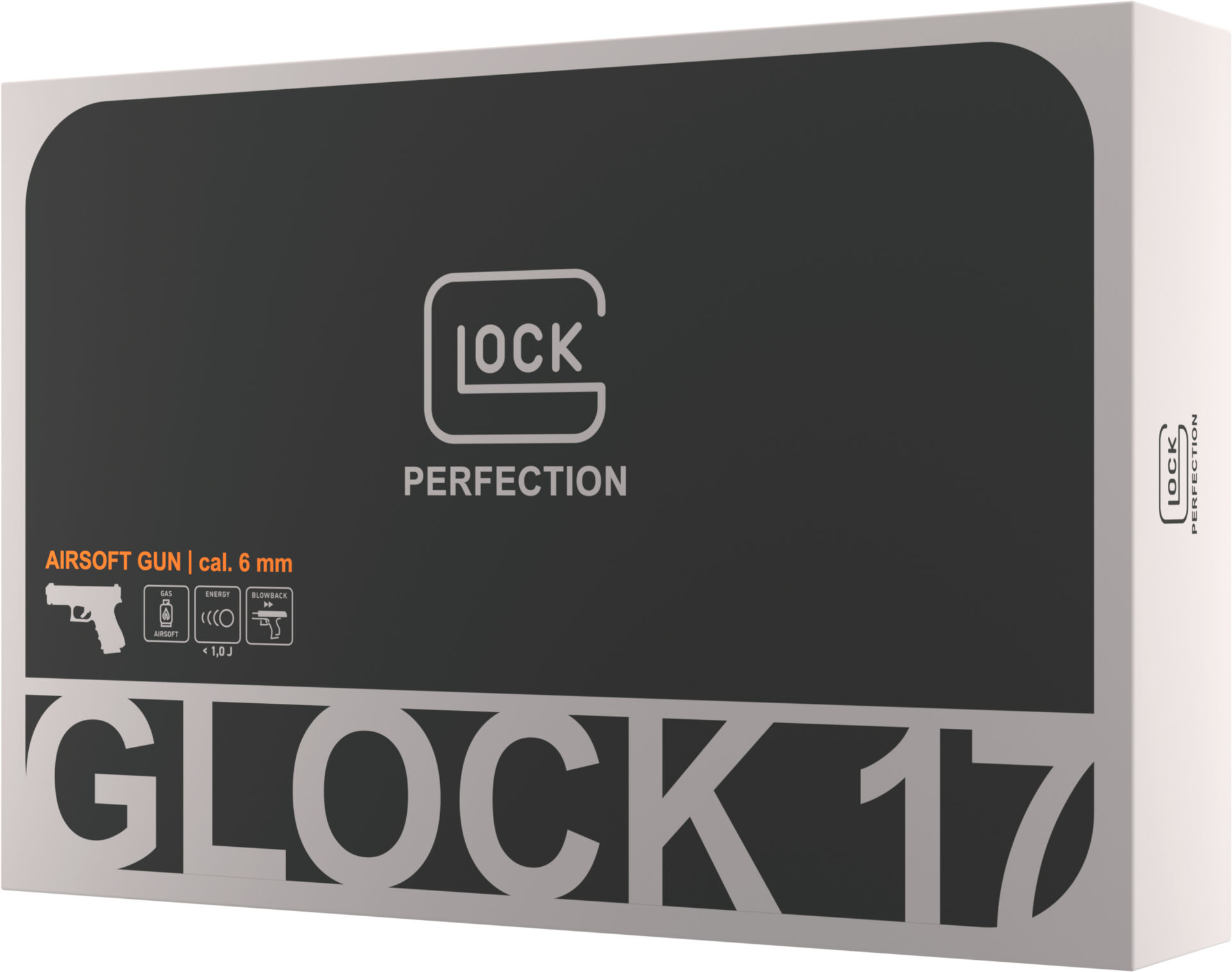 Schwarze Verpackung einer Airsoft-Pistole Glock 17, Kaliber 6 mm, mit Gas-Blowback-System.