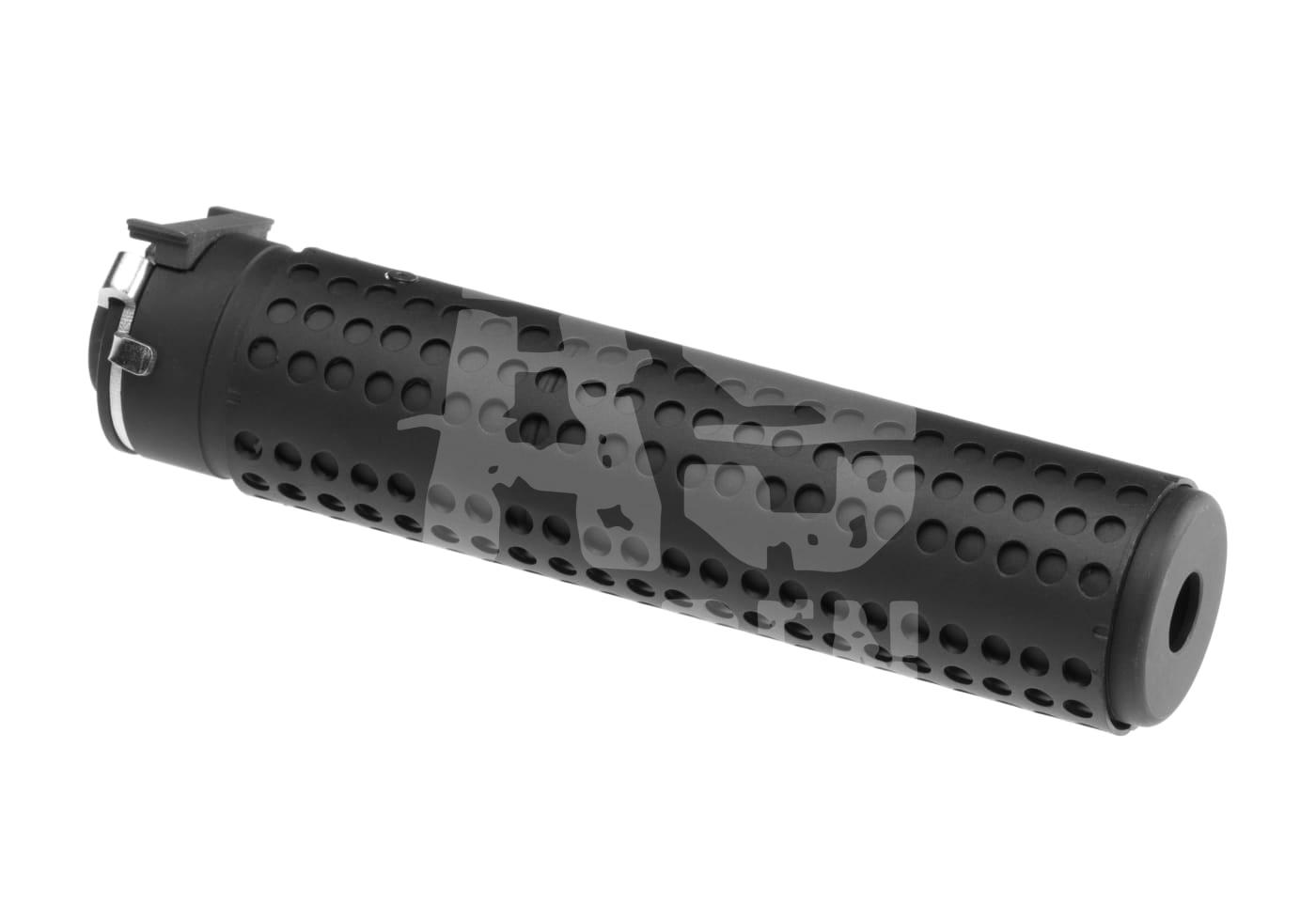 KAC QD 168mm Silencer CCW Schwarzer Airsoft-Schalldämpfer mit Lochmuster und Befestigungsmechanismus.