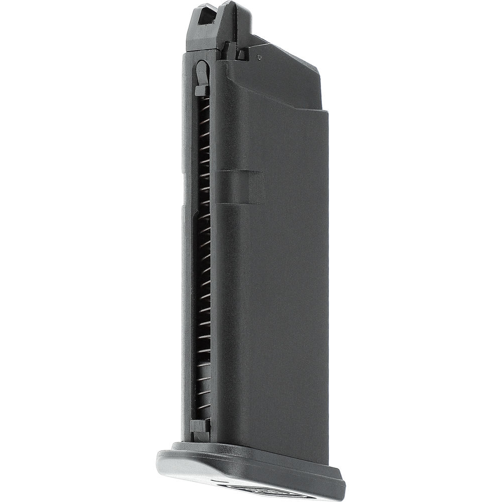 VFC Magazin GLOCK 19 Gen5 6mm GBB 19 Schuss Schwarzes Airsoft-Magazin, stehend mit sichtbarer Federmechanik.