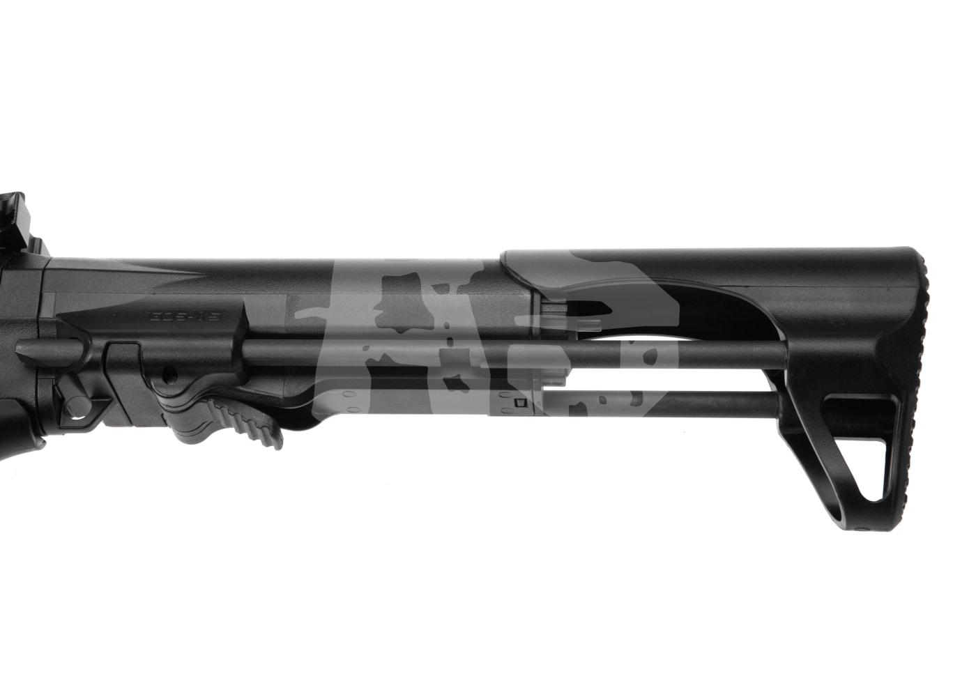 Verstellbare schwarze Airsoft-Schulterstütze mit Tarnmuster seitlich dargestellt.