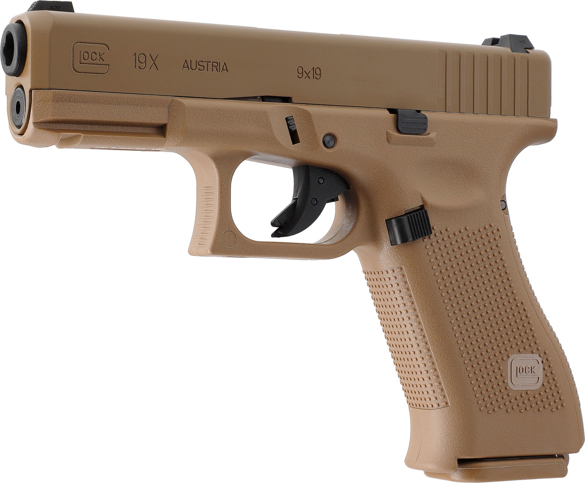 Glock 19X Airsoft-Pistole, tan, mit strukturiertem Griff und schwarzen Bedienelementen.