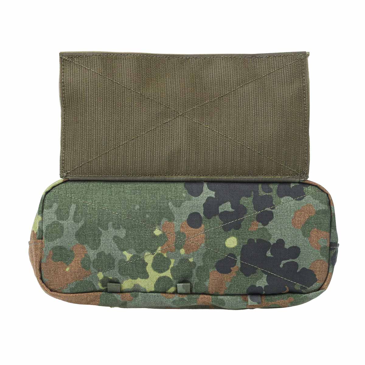 Lindnerhof Multi-Tasche klettbar MX174 Tarnfarbenes Airsoft-Taschenmodul, klappbar, mit grünem Oberteil und Tarnmuster auf der unteren Haupttasche.