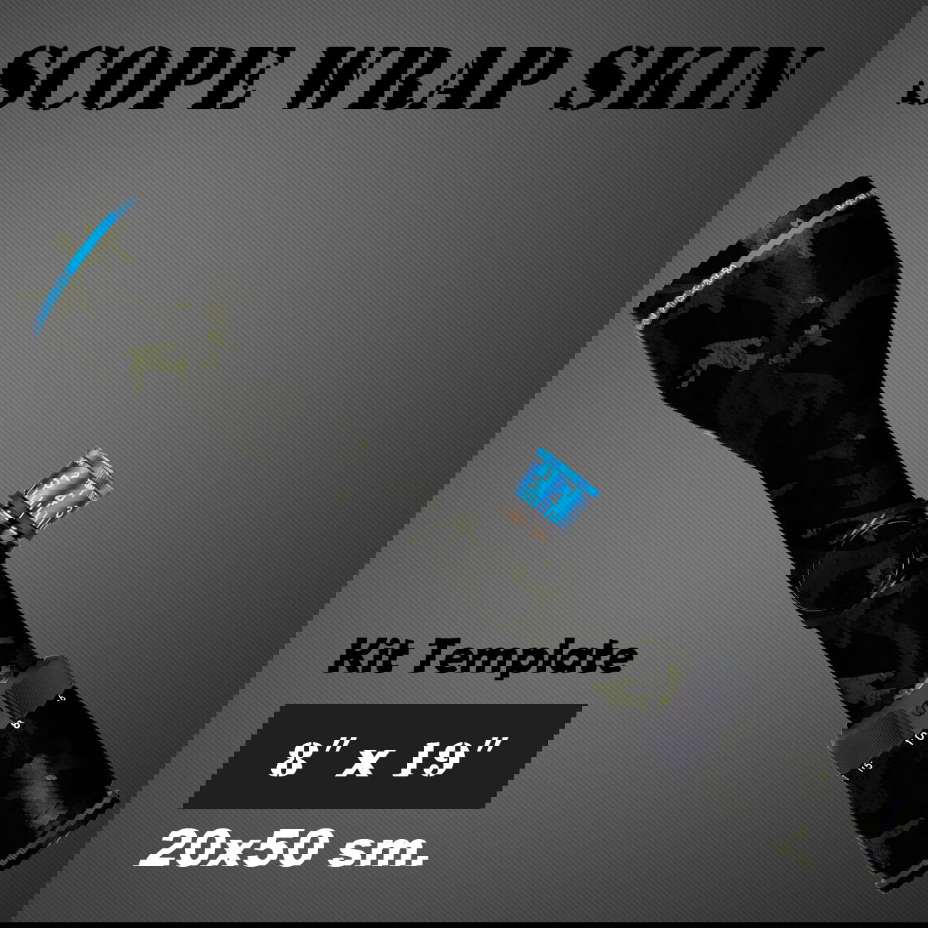 Tarnfolie für Zielfernrohre, 20x50 cm, schwarzes Tarnmuster, blaue Details.