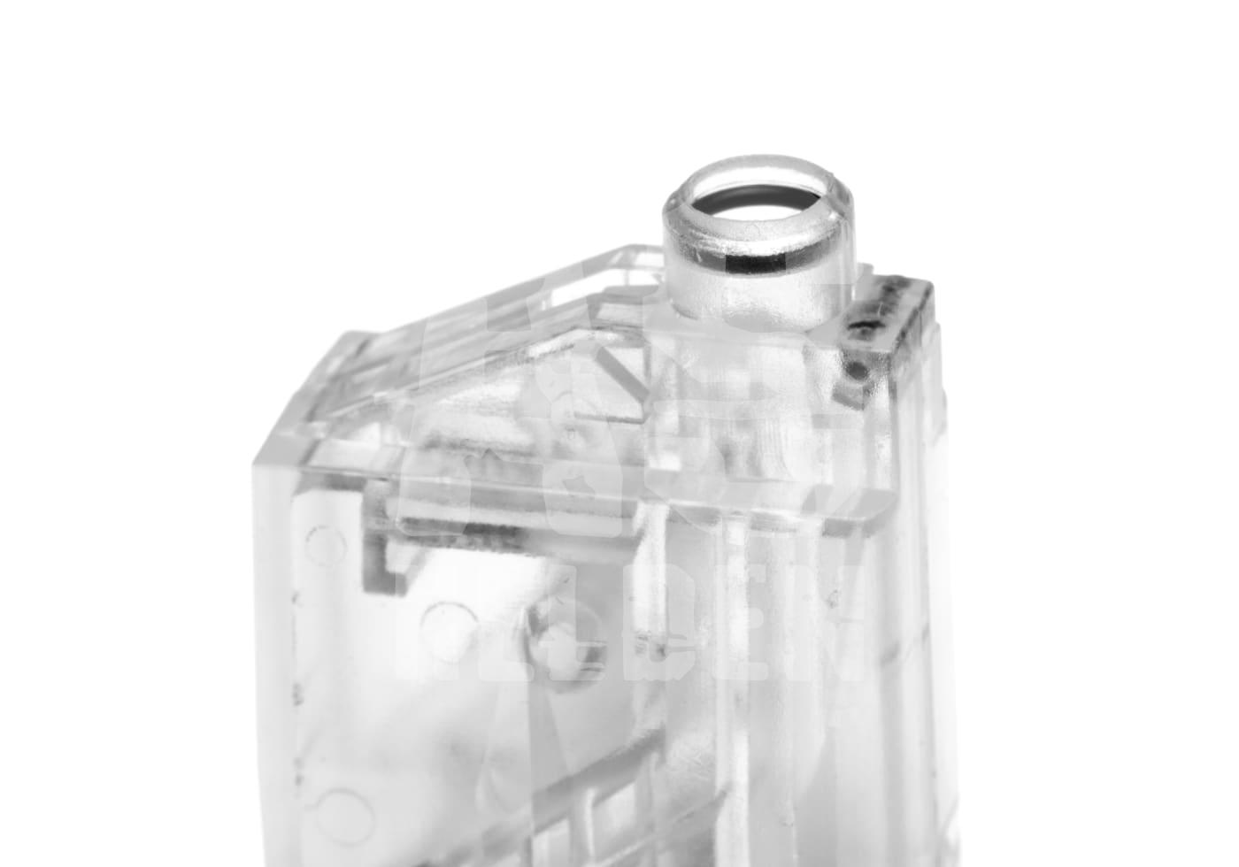 Transparenter Airsoft-Speedloader mit seitlicher Öffnung, Nahaufnahme.