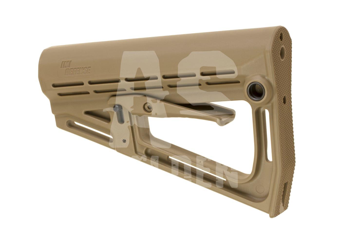 FDE Airsoft-Schaft von IMI Defense mit verstellbarer Schulterstütze.