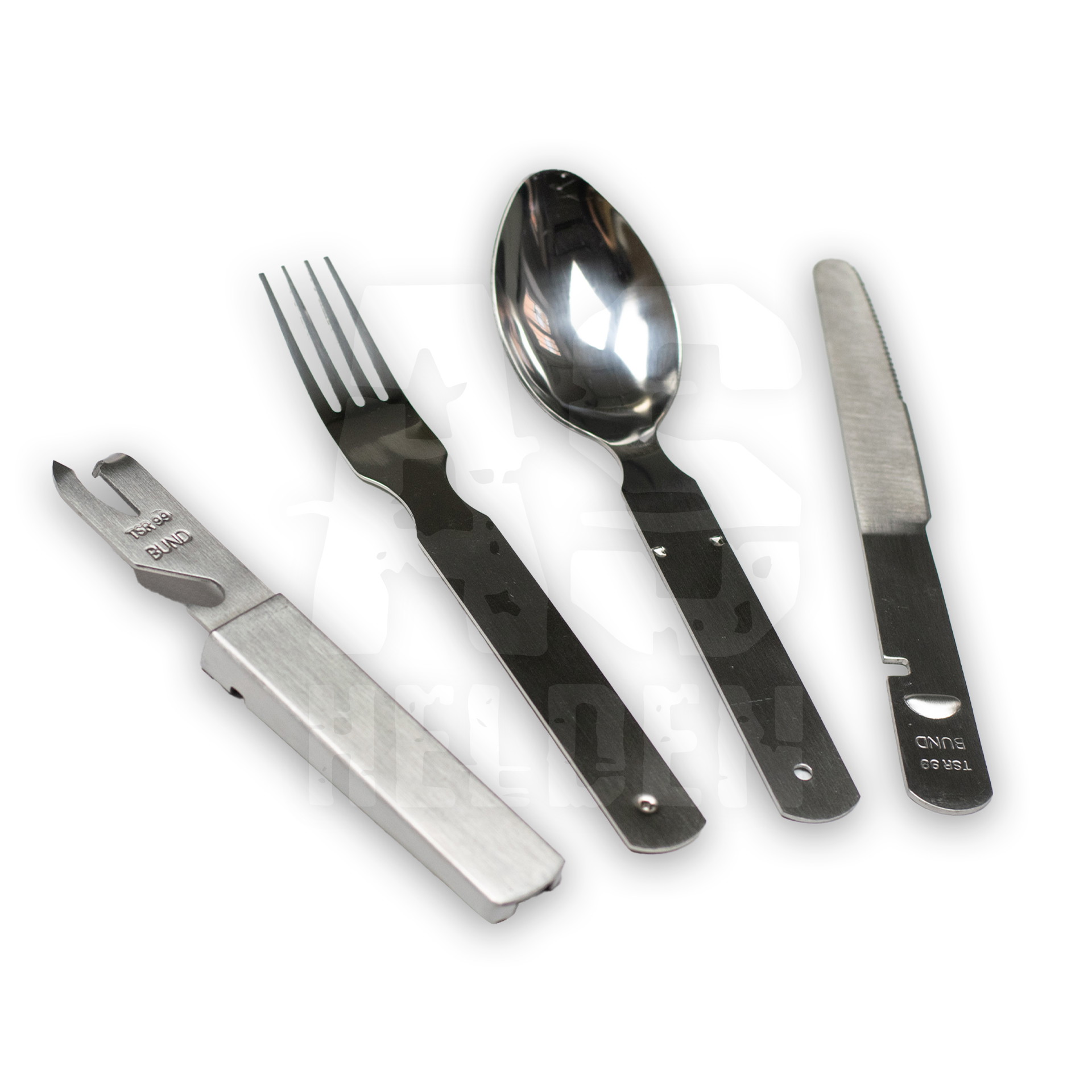 Praktisches Outdoor-Besteckset: Gabel, Löffel, Messer und Dosenöffner aus Metall für Camping oder Feldküche.