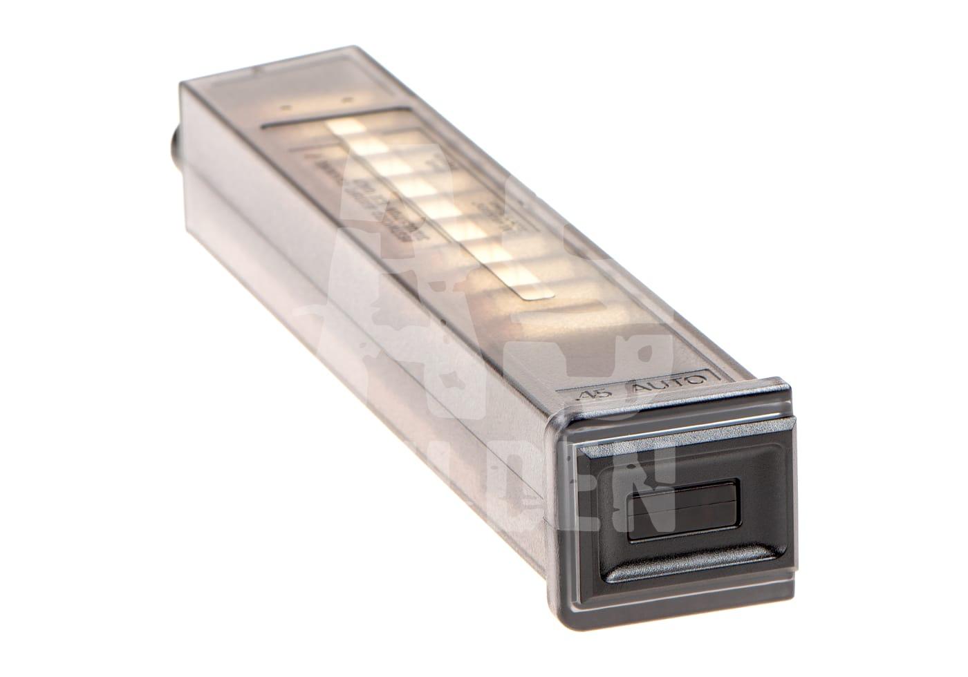 Transparentes Airsoft-Magazin mit sichtbaren Patronen, seitlicher Ansicht.