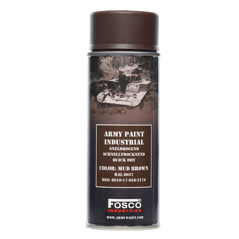 Schnelltrocknende Sprühfarbe "Mud Brown" von Fosco für industrielle Anwendungen, geeignet für Tarnanstriche.