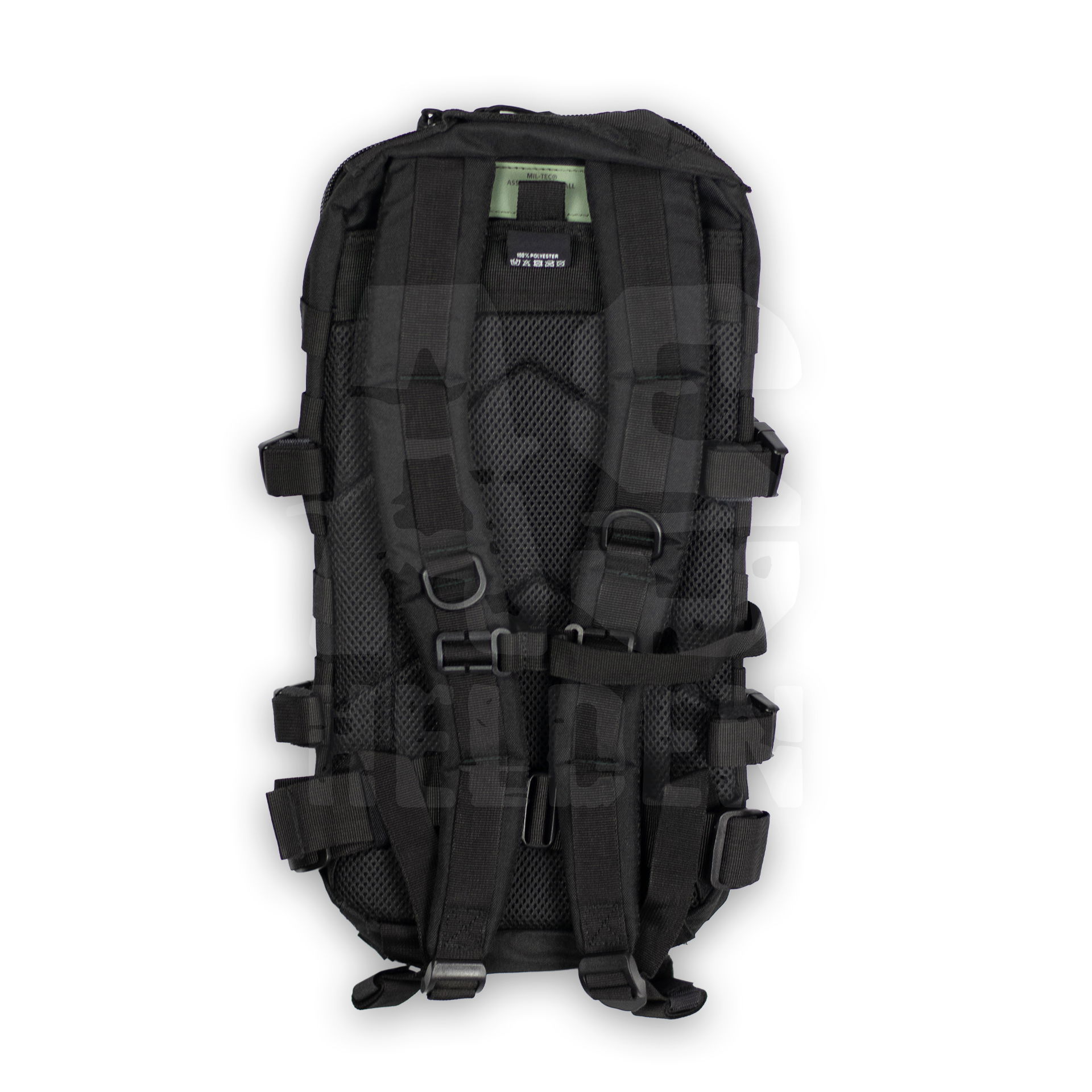 Schwarzer taktischer Rucksack mit mehreren Gurten und Schnallen, ideal für Airsoft.