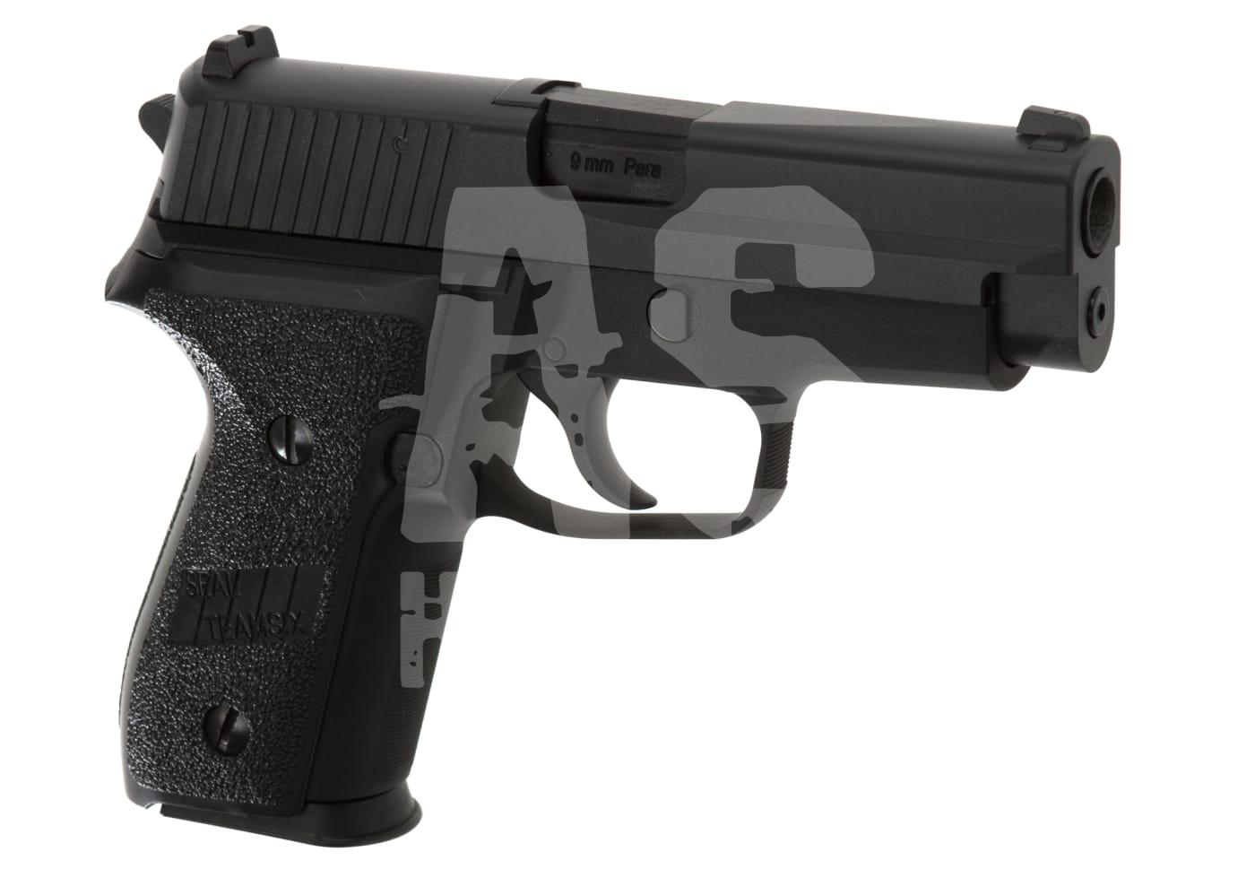 Schwarze Airsoft-Pistole, seitliche Ansicht, kompakte Bauweise, realistisches Design.