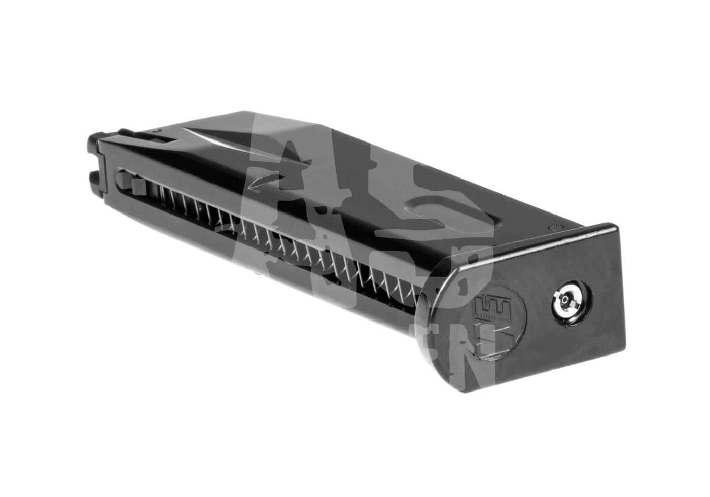 Schwarzes Airsoft-Granatenmagazin in Nahaufnahme, seitliche Perspektive.