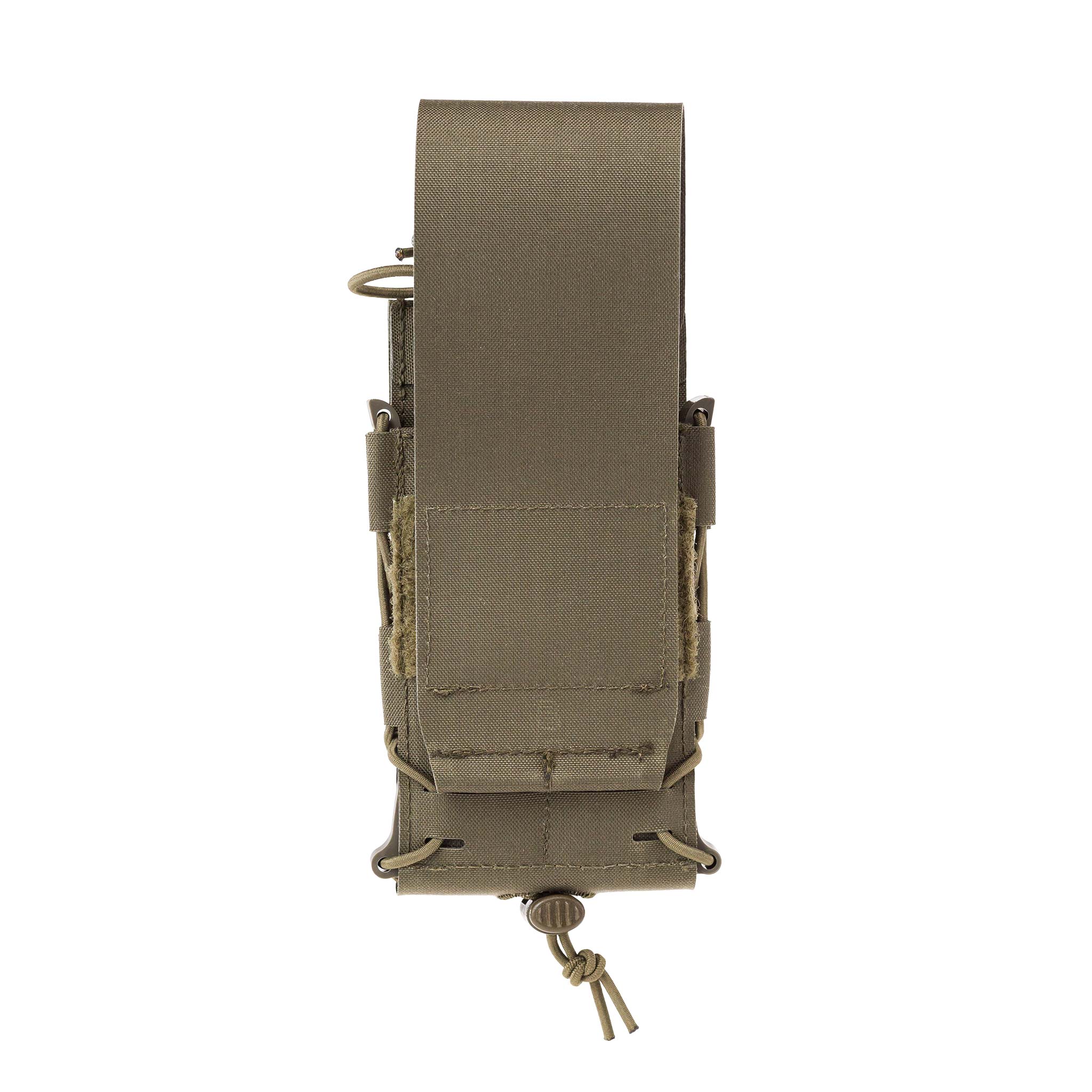 Olivegrüne Airsoft-Magazintasche, vertikal, mit Klettverschluss und Kordelzug.