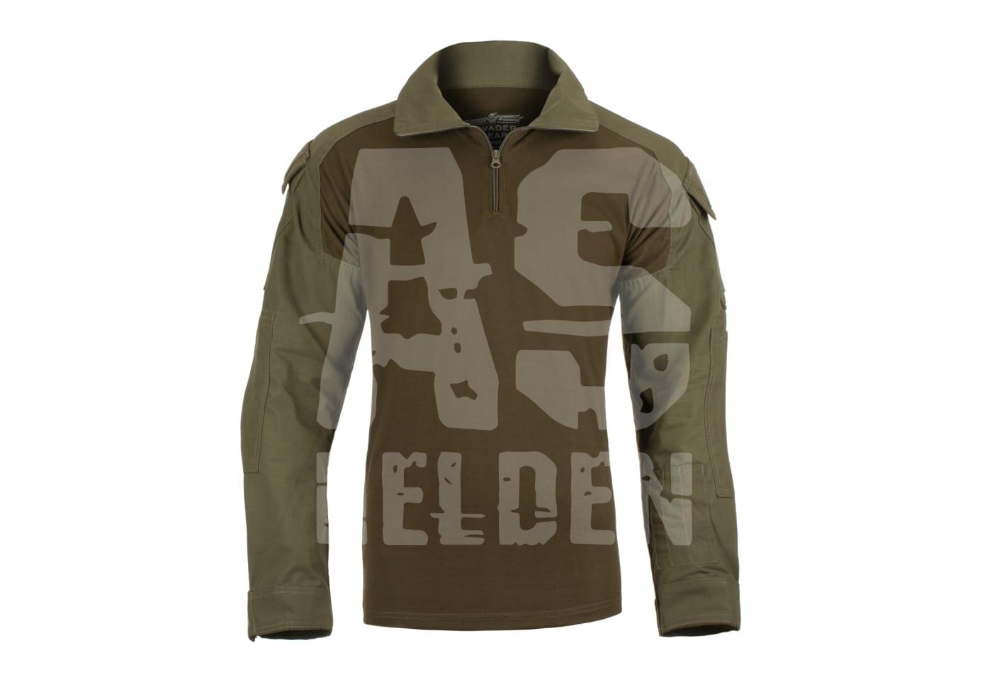 Invader Gear Combat Shirt Olivegrüne taktische Airsoft-Jacke mit Zipper und Schultertaschen.