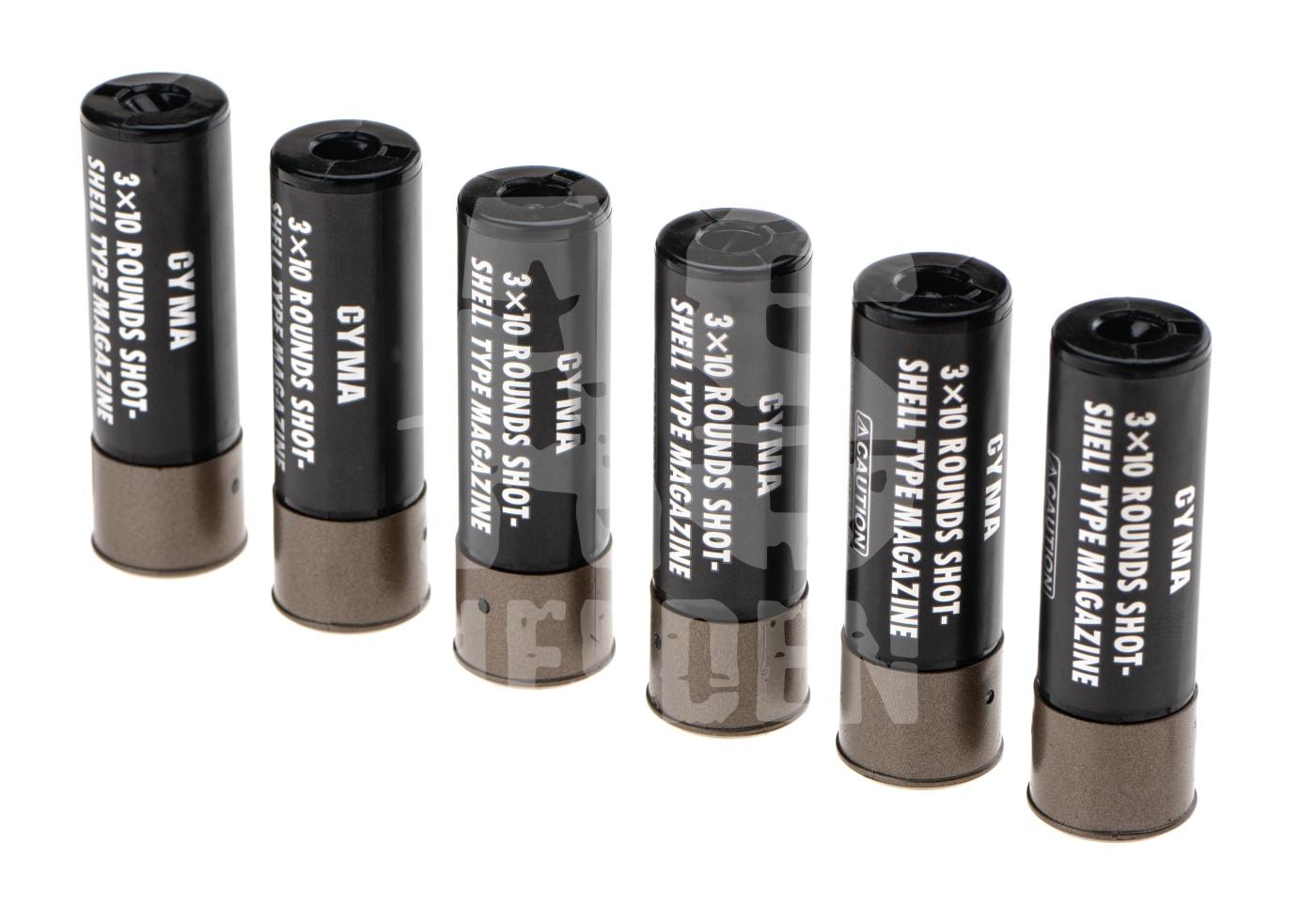 Sechs CYMA Shotgun-Shell-Magazine für Airsoft, 3x10 Schuss Kapazität, schwarzer Zylinder mit bronzefarbenem Boden.