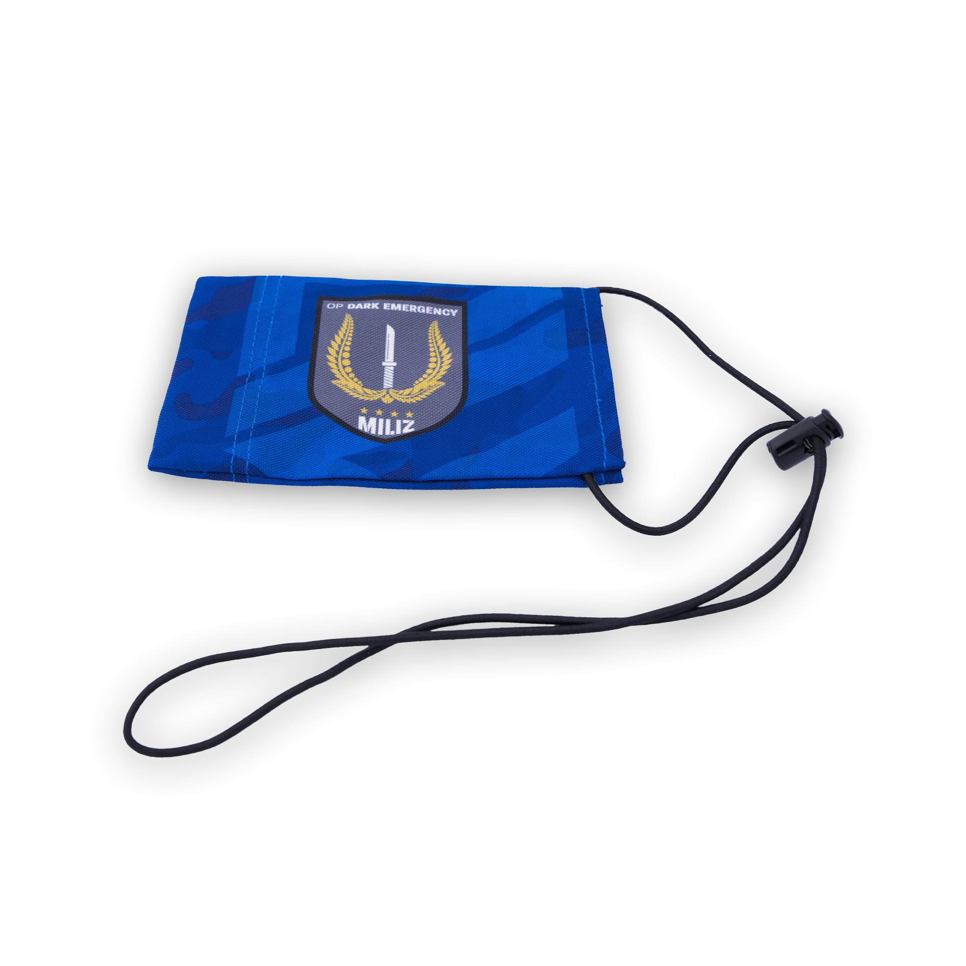 Blaue Stofftasche mit "Miliz"-Emblem und Kordelverschluss für Airsoft-Zubehör.