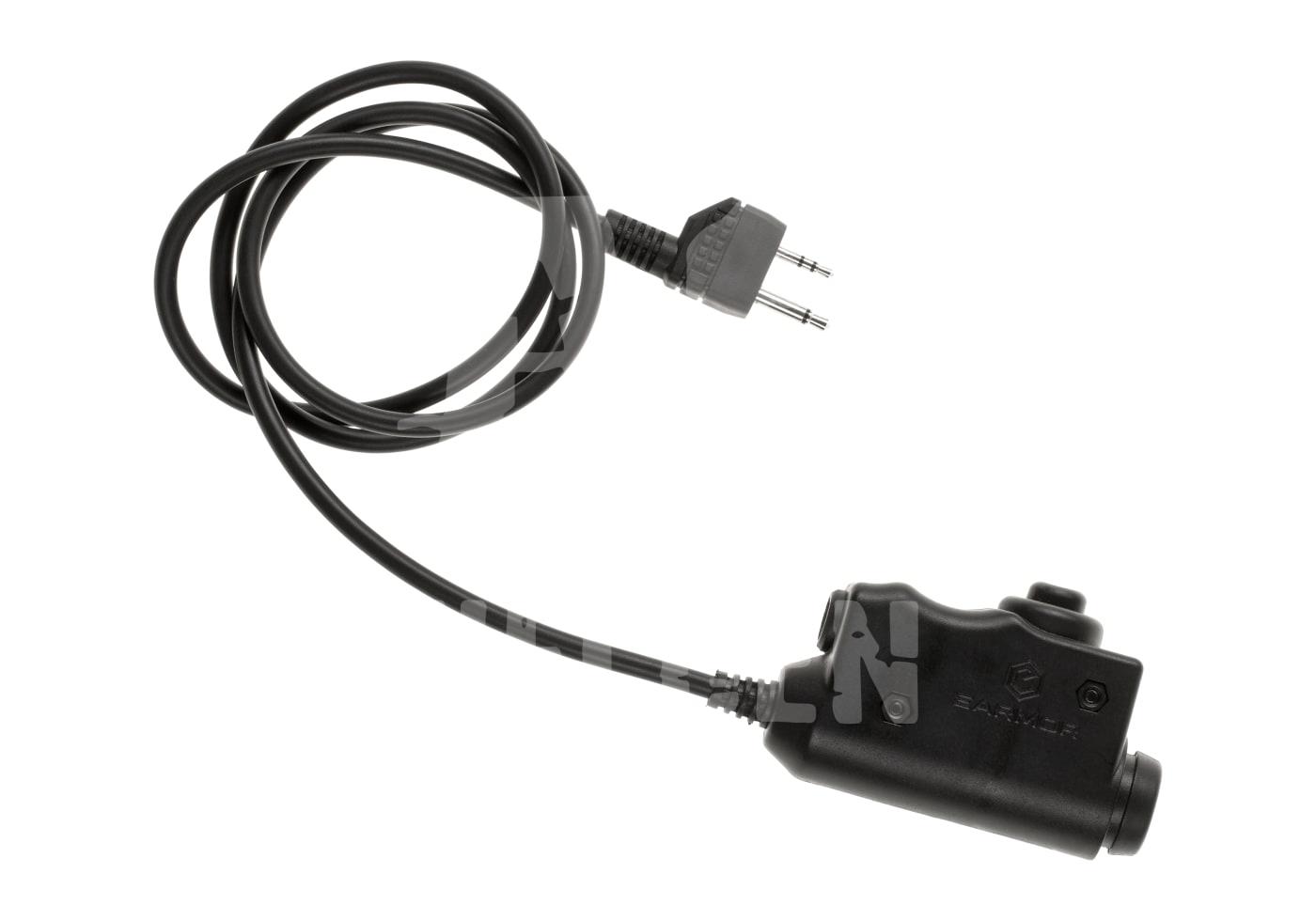 Schwarzes Funkgerät-Kabel mit PTT-Taster und dualem Klinkenstecker für Airsoft-Kommunikation.