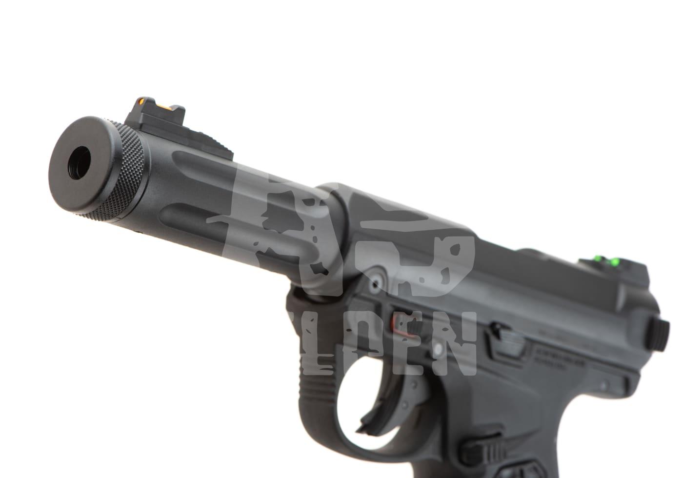 Schwarze Airsoft-Pistole mit Schalldämpfer und Visier, Nahaufnahme seitlich.