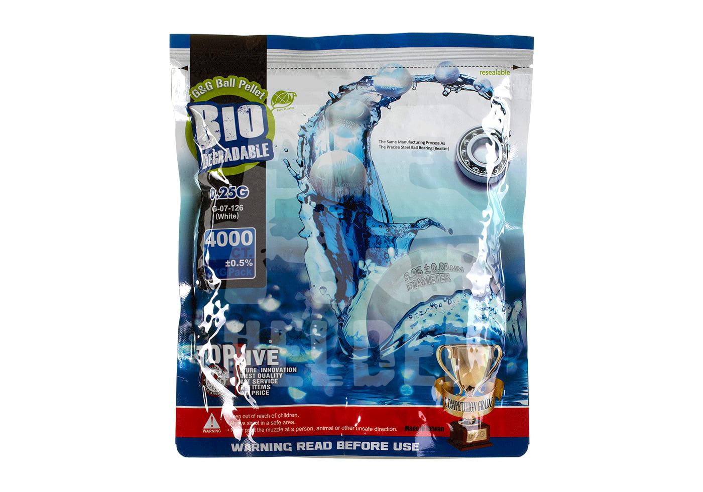 Biologisch abbaubare Airsoft-BBs, 0,25g, 4000 Stück in wiederverschließbarer Verpackung.