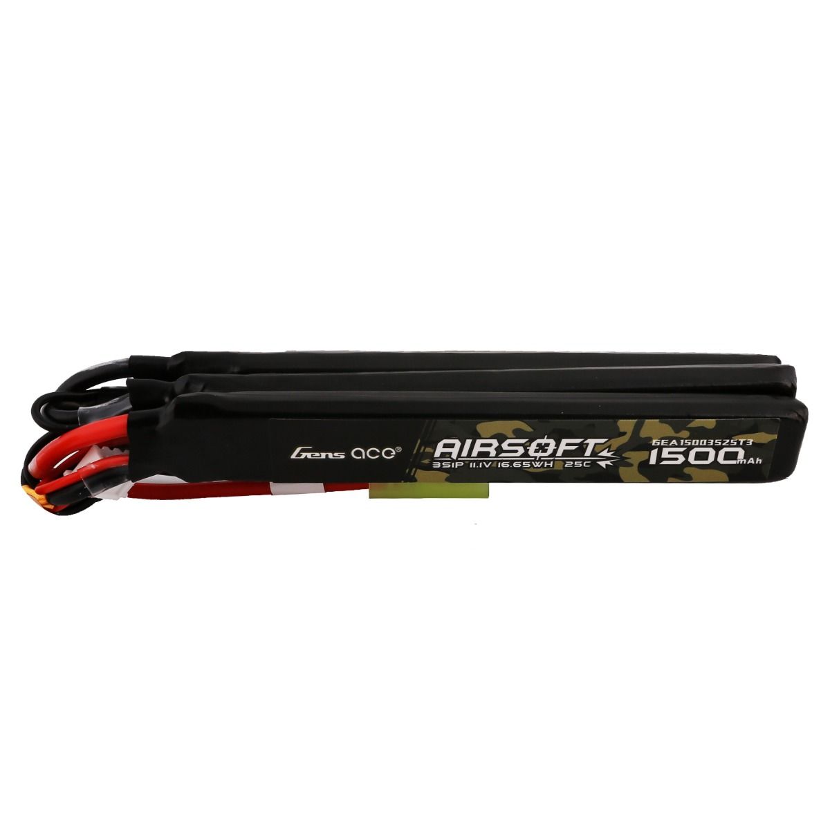 Airsoft-Akku 1500mAh, 11.1V, mit Tarnmuster und Anschlusskabeln, seitlich liegend.