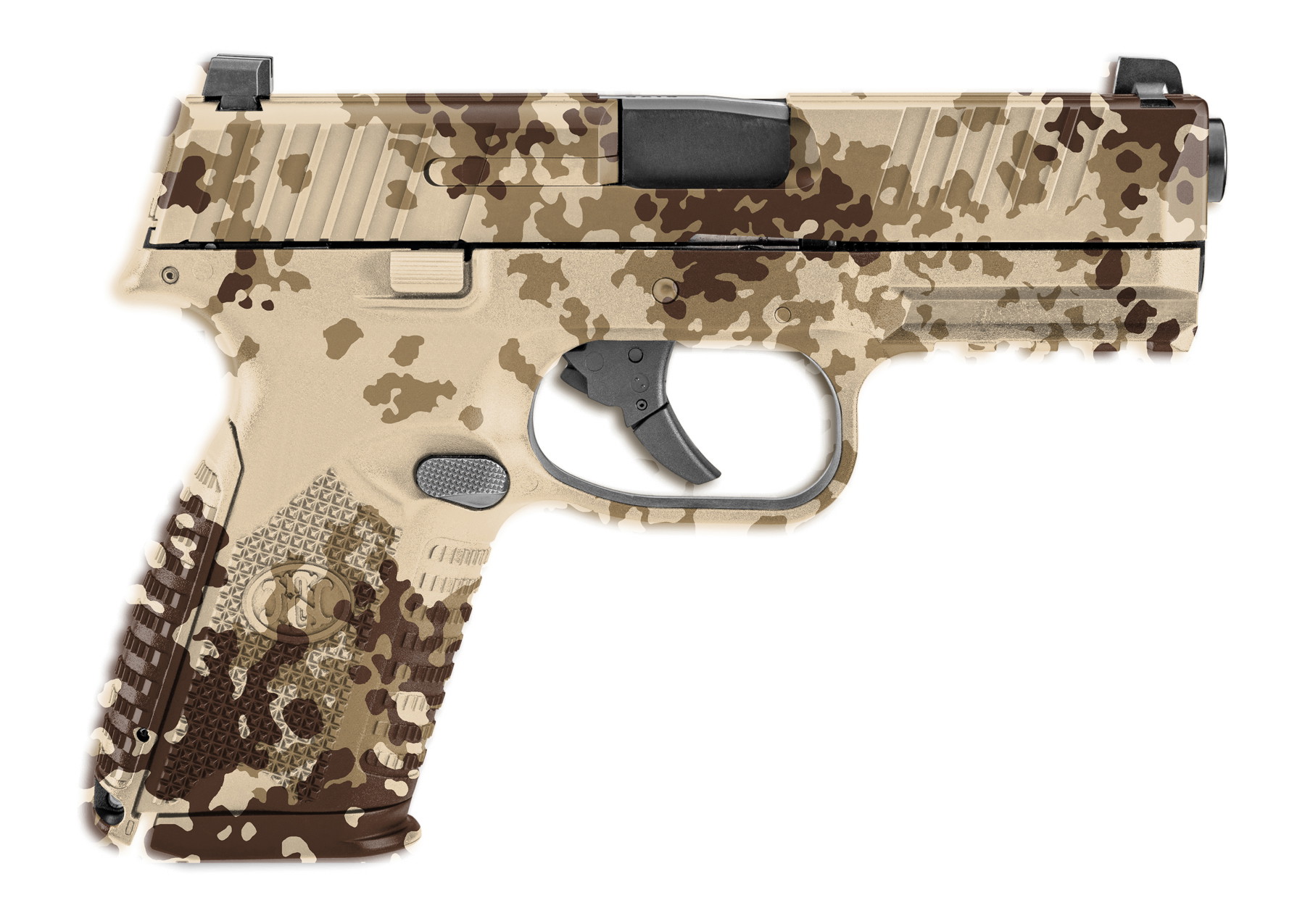 Airsoft-Pistole mit desert-camouflage Muster, schwarze Abzüge. Ideal für taktisches Spiel.