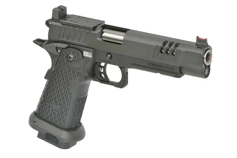 Airsoft-Pistole, schwarz, seitliche Ansicht, Griffsicherung und Zielvorrichtung sichtbar. Modell Staccato XL.