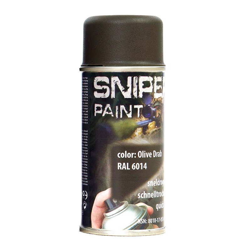 Sprühdose mit Sniper Paint in Olive Drab, RAL 6014, für Airsoft-Ausrüstung, schnell trocknend.