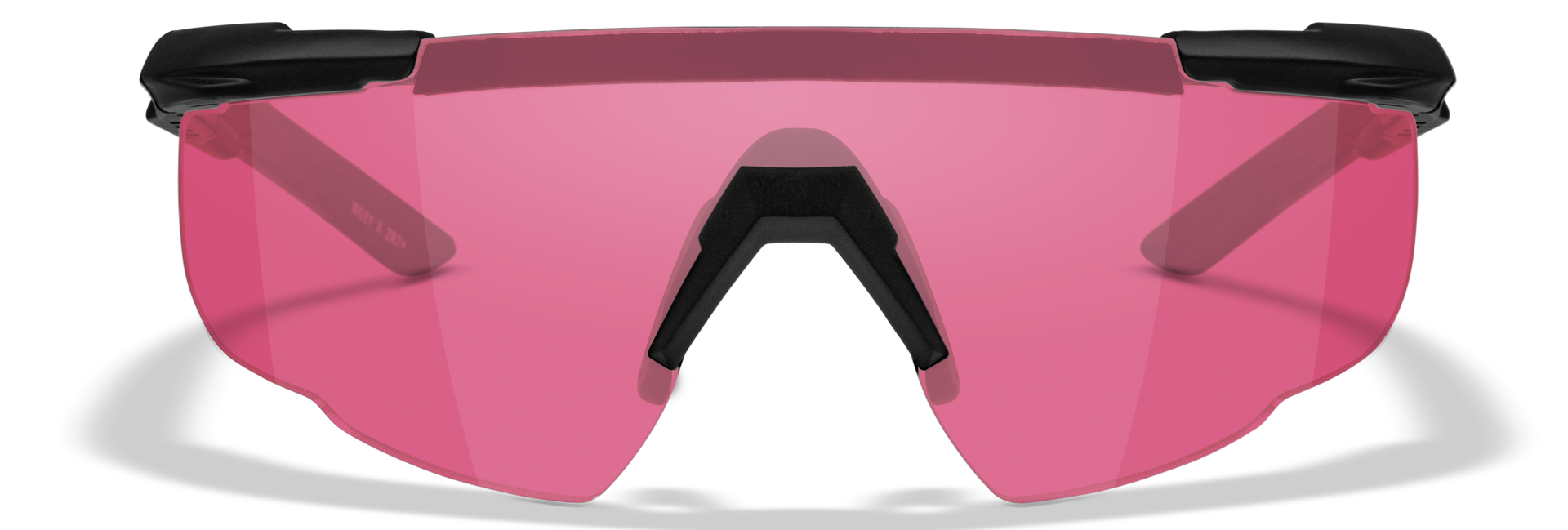 Sportbrille mit rosafarbenen Gläsern und schwarzem Rahmen.