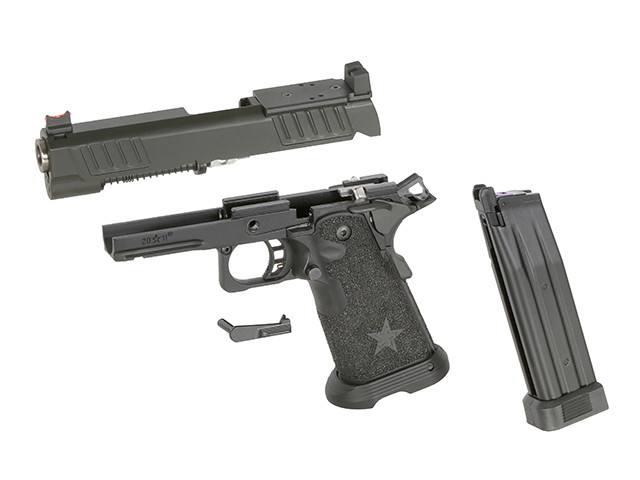 Zerlegte Airsoft-Pistole mit Schlitten, Griffstück und Magazin, schwarz, Stern auf dem Griff.