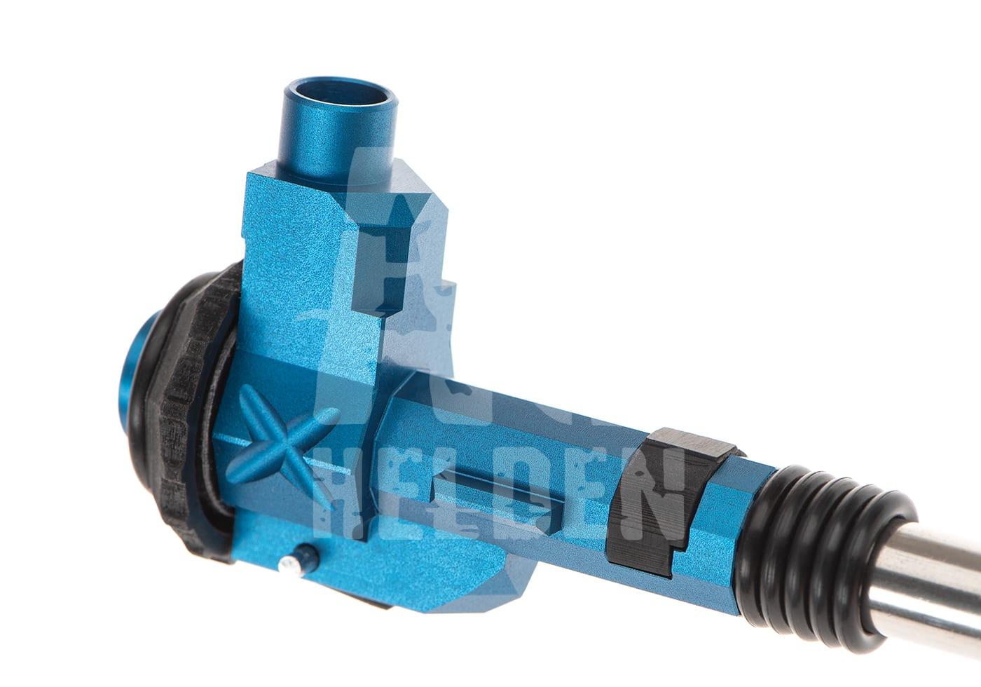 Blaues Airsoft-Hop-Up-System in Nahaufnahme mit schwarzer Feder und Dichtung.