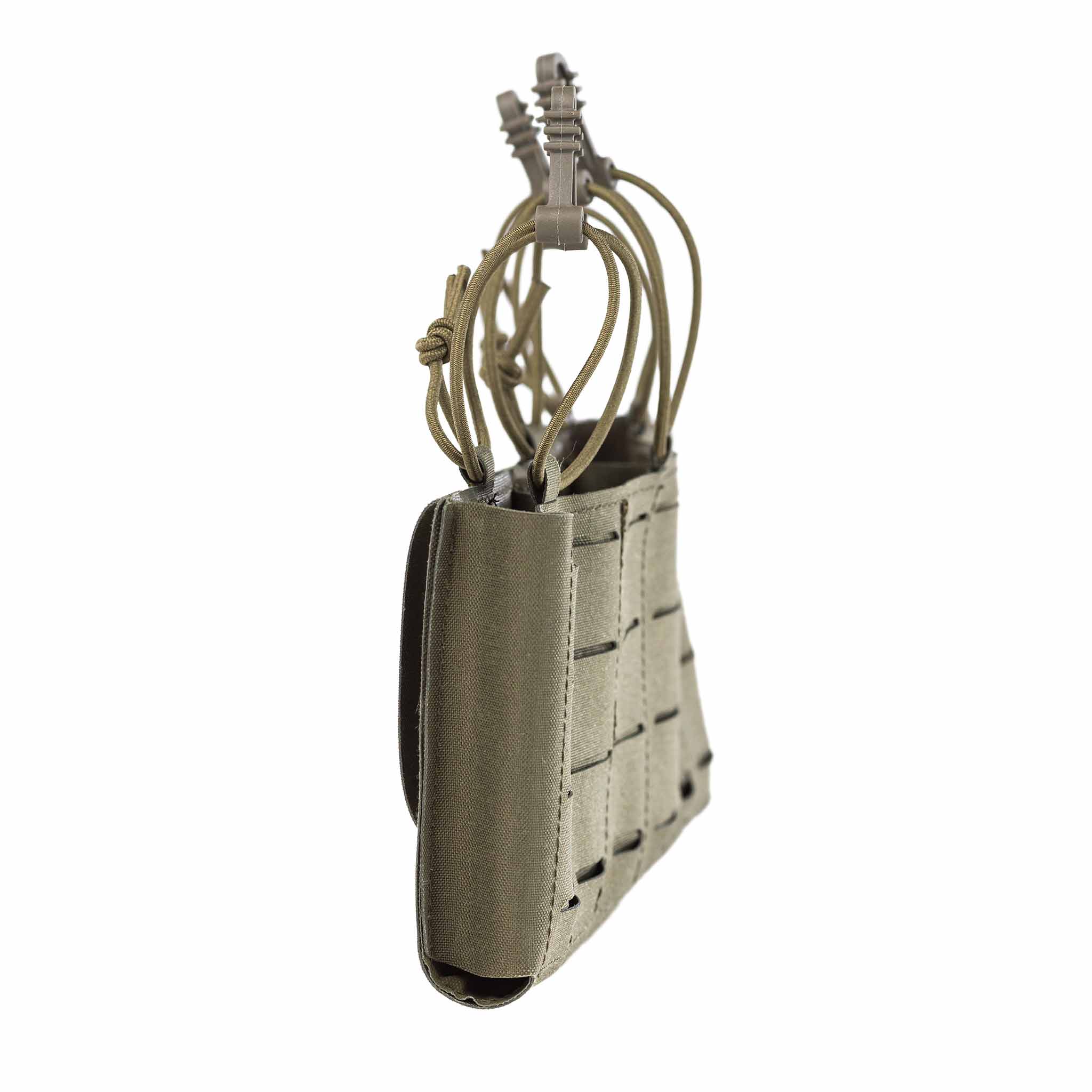 Lindnerhof Magazinpanel Gewehr 3er MX098 Taktische Magazintasche in Olivgrün mit Schnürverschlüssen, seitliche Ansicht.