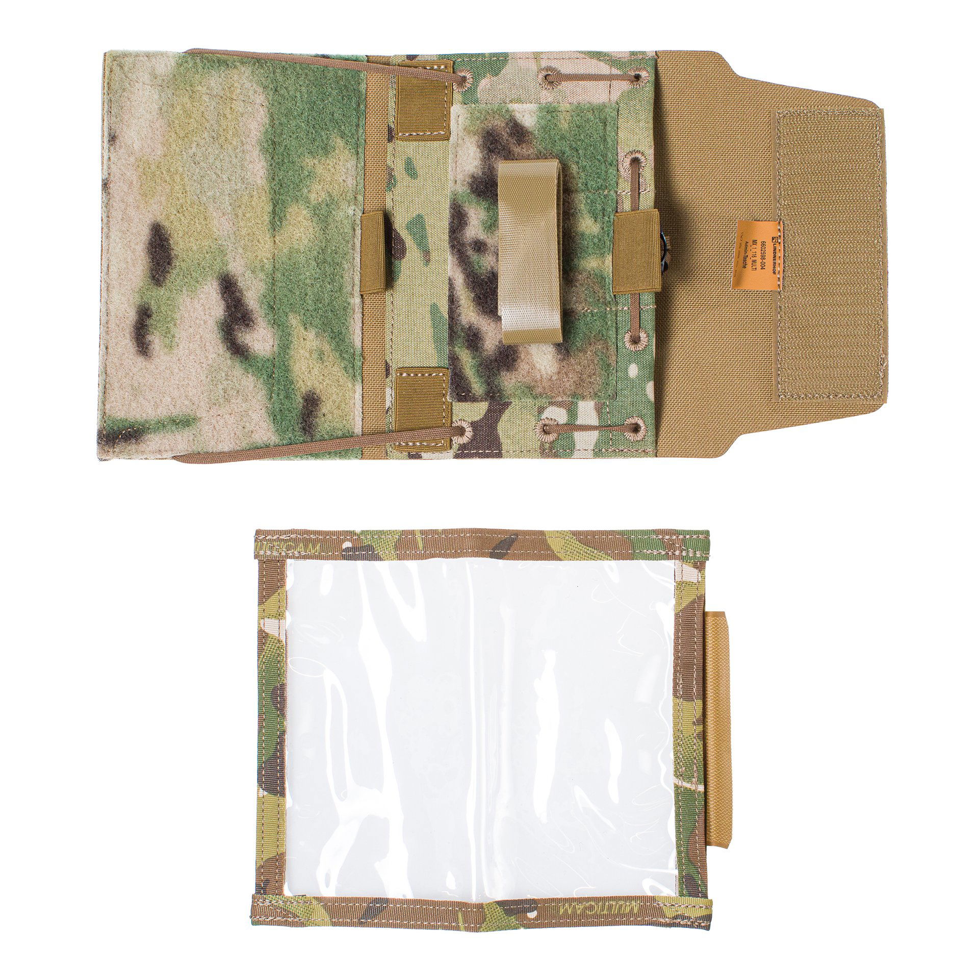 Lindnerhof Admin-Tasche MX116 Tarnmuster-Kartenhülle mit Klarsichtfach, geöffnet und leer, für Airsoft-Einsätze.