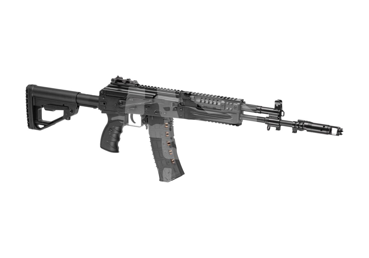 Schwarzes Airsoft-Gewehr mit taktischem Schaft und Picatinny-Schienen, transparent überlagert.