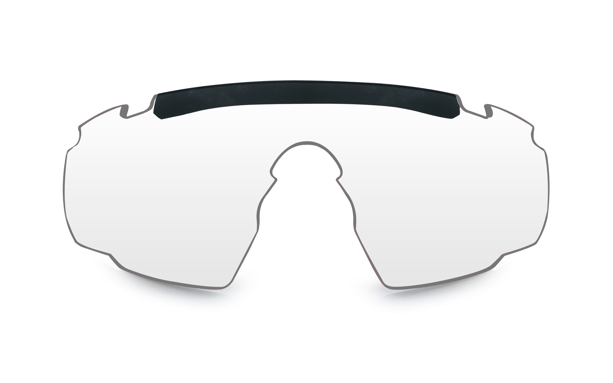 Klares Ersatzglas für eine Sportbrille mit schwarzem oberen Rahmen.