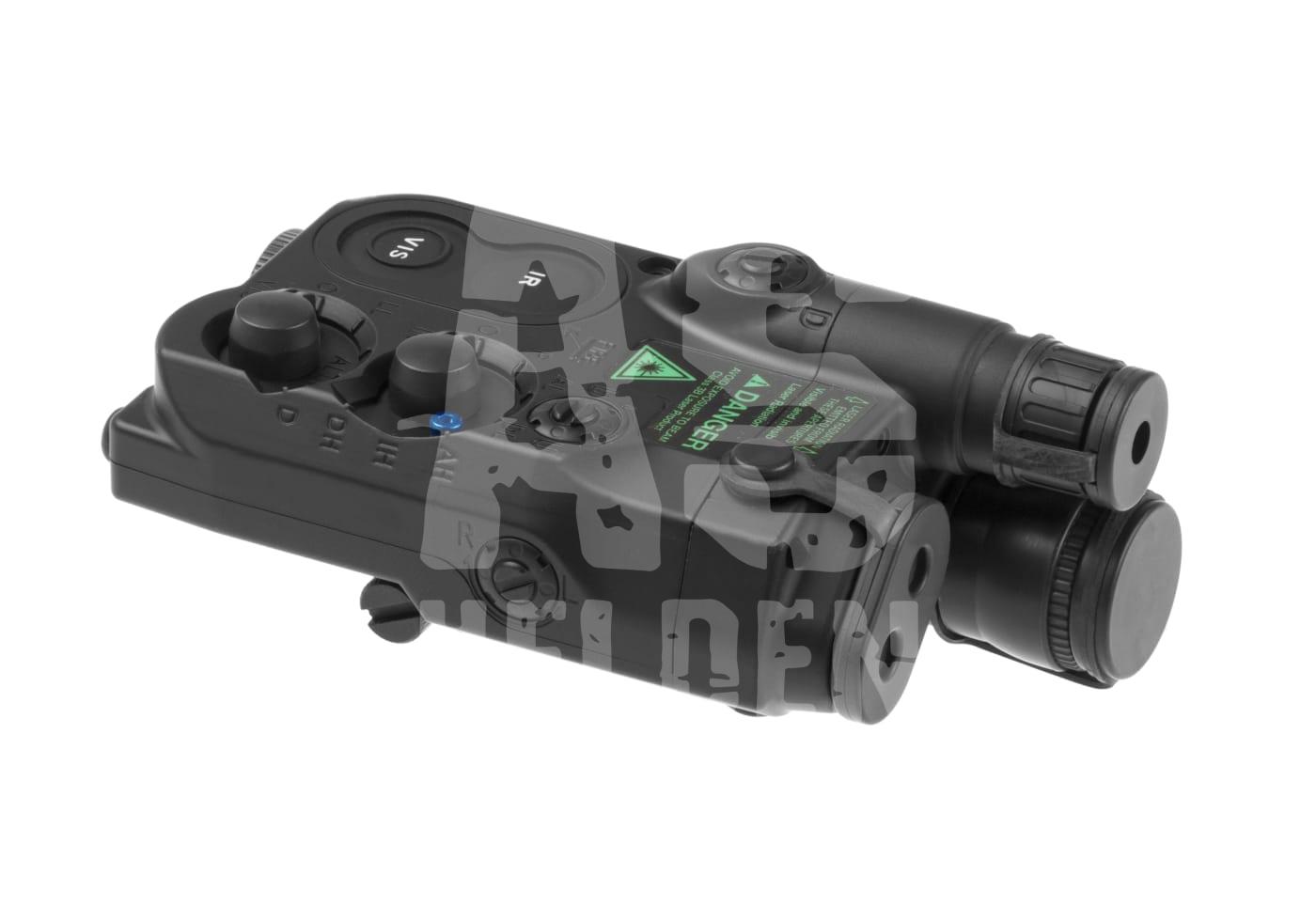 Airsoft Zielgerät mit Einstellknöpfen und Warnhinweisen, schwarz, kompakt.