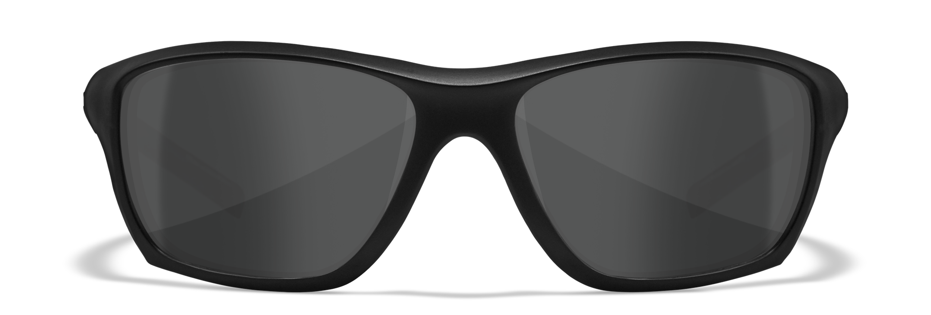 Schwarze Sonnenbrille mit dunklen Gläsern, von vorne betrachtet.