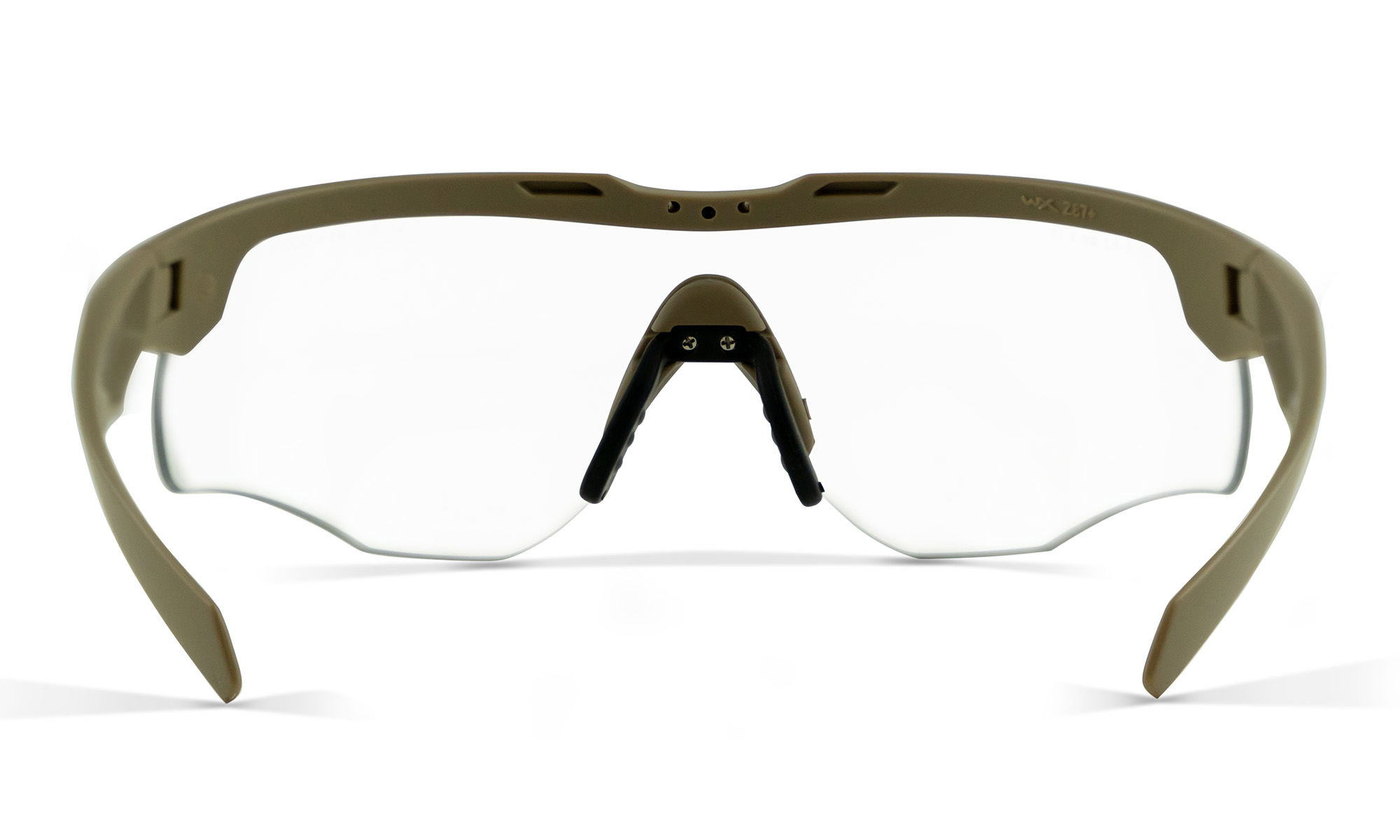 Sportbrille mit klarem Glas und olivfarbenem Rahmen, frontale Ansicht.
