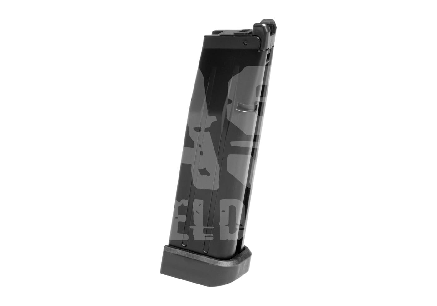 Airsoft-Pistolenmagazin mit stylischem Design, seitlich betrachtet.