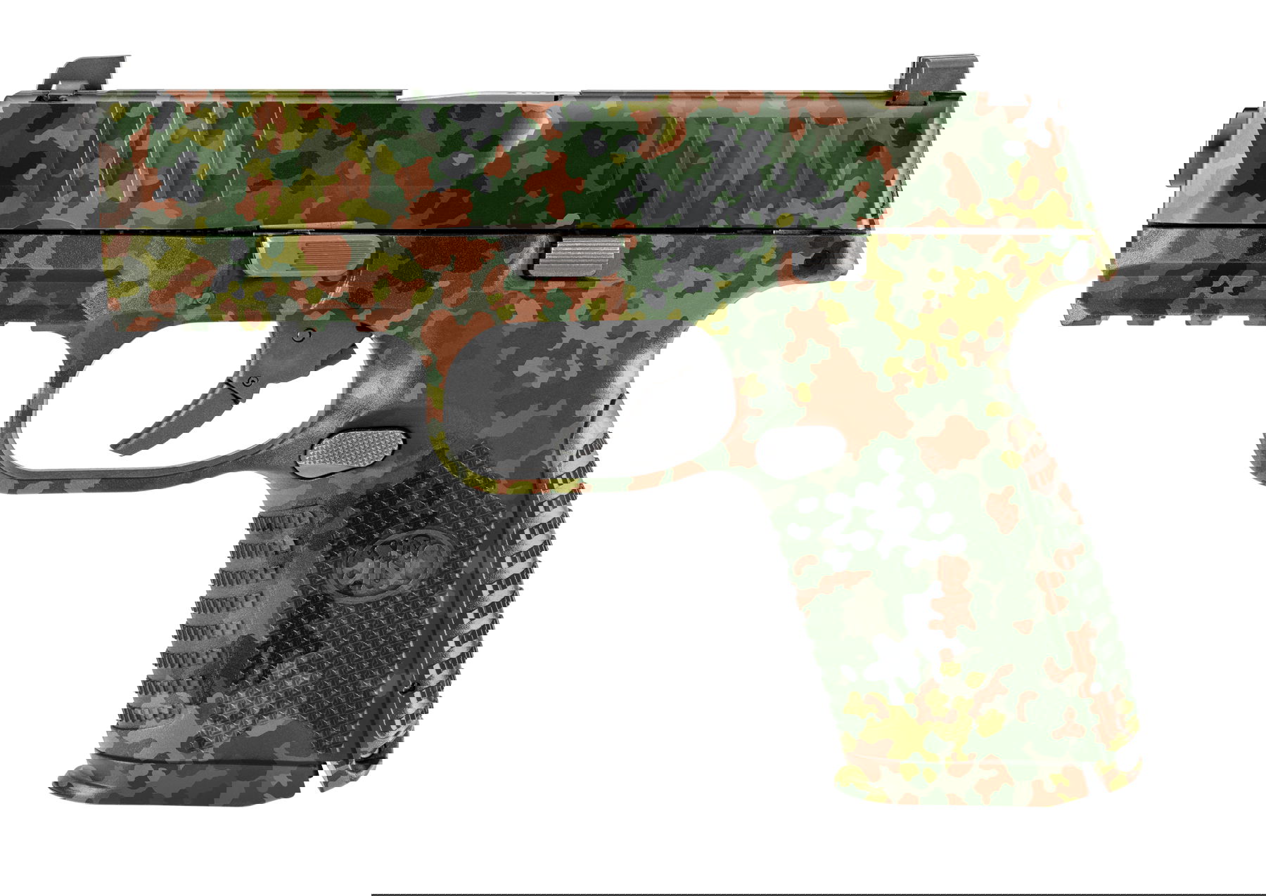 Airsoft-Pistole mit Flecktarnmuster, kompakte Bauweise für taktisches Spiel.