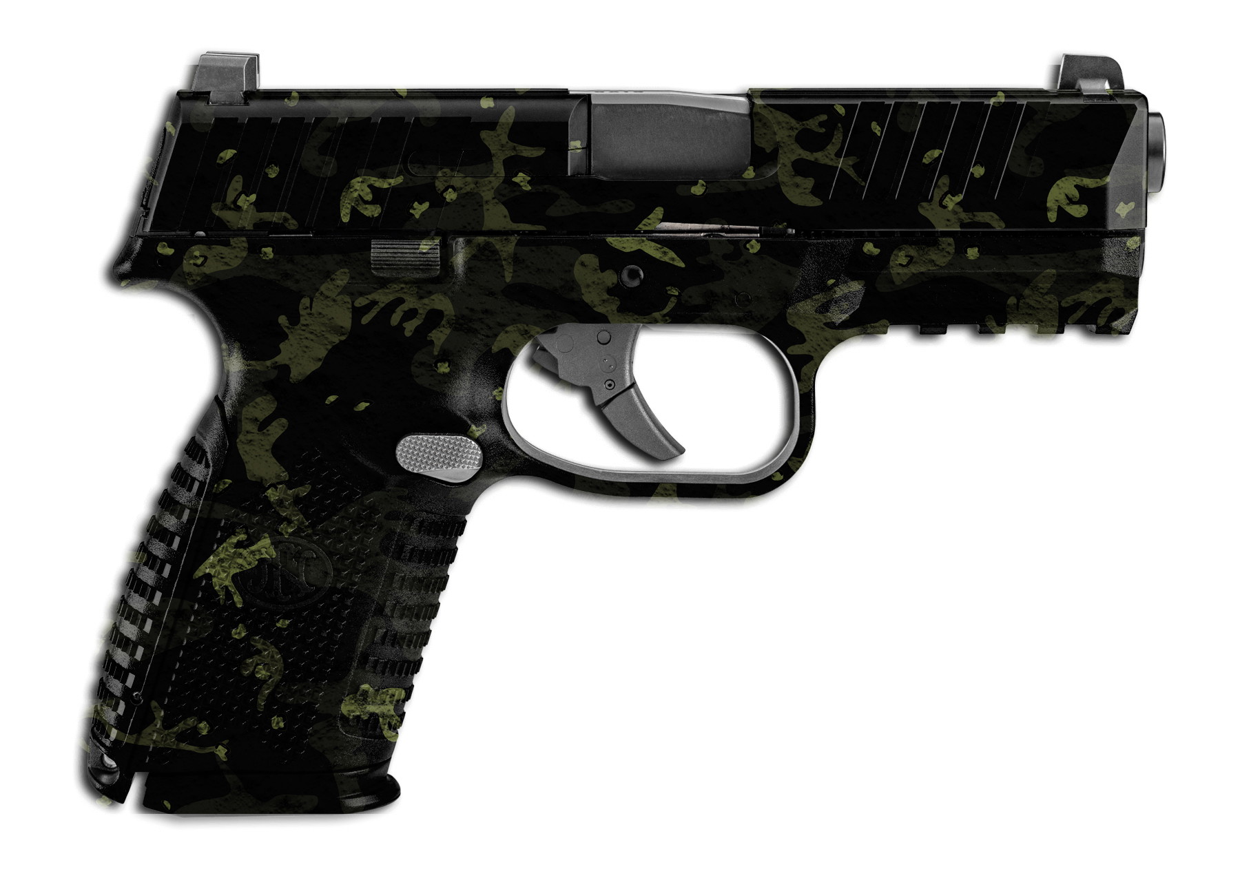 Tarnmuster-Pistole in Seitenansicht, ideal für Airsoft-Spiele.