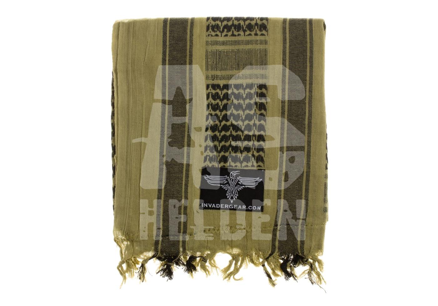 Tarn-Shemagh von Invader Gear, olivfarben mit schwarzen Mustern und Fransen, geeignet für Airsoft.