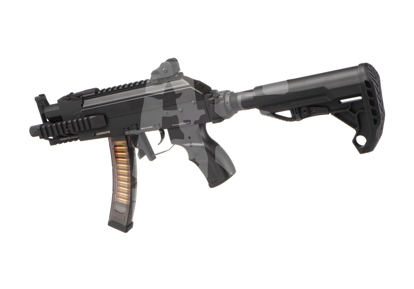 Schwarzes Airsoft-Sturmgewehr mit ausziehbarem Schaft und transparentem Magazin.